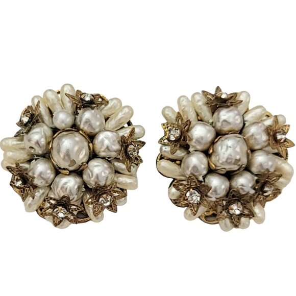 Robert Vintage Faux Pearl Rose Montees Rhinestones Bead Cluster Earrings, K403 - Picture 1 of 7